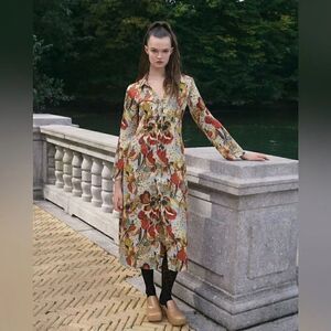 ZARA TROPICAL PRINT SATIN EFFECT DRESS